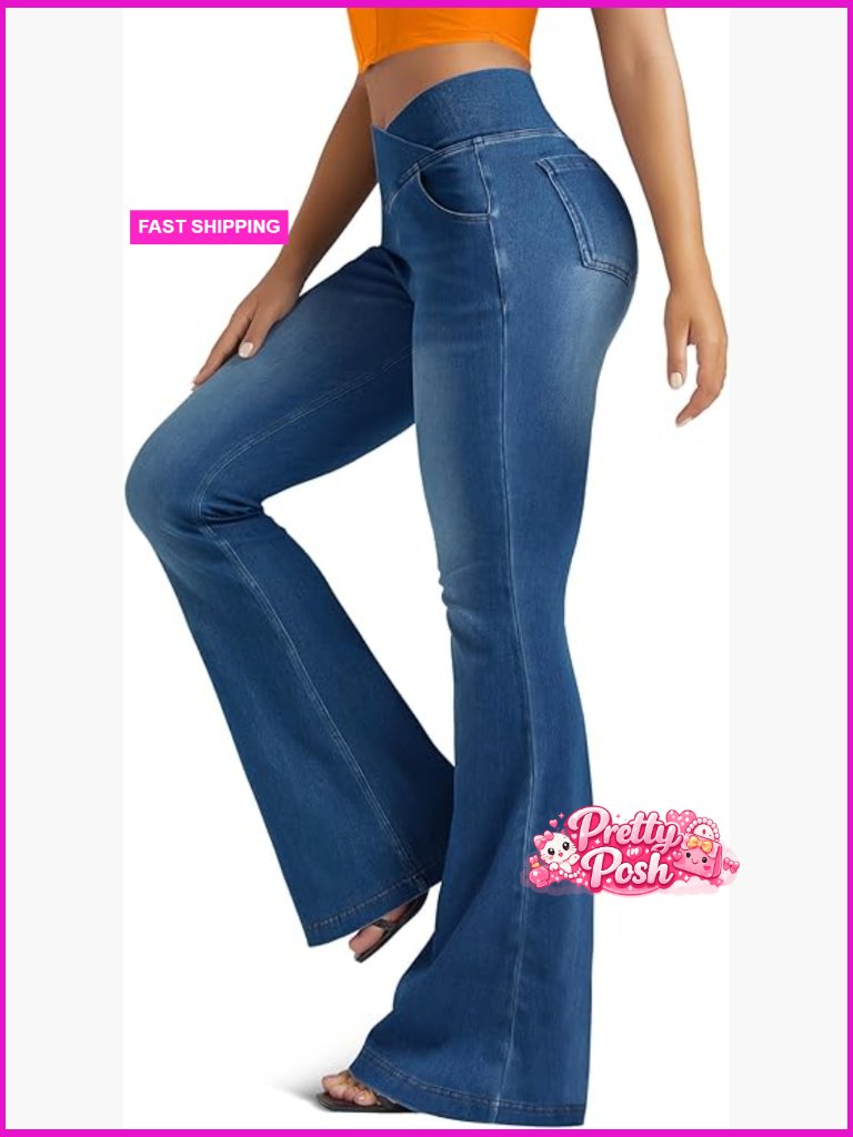 Crossover High Waisted Bell Bottom Yoga Pants Flare Leggings With Pockets